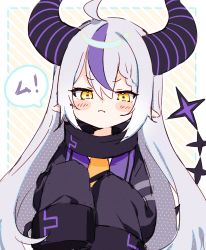 Rule 34 | 1girl, :i, ahoge, black jacket, blush, blush stickers, braid, collar, commentary, demon girl, demon horns, diffraction spikes, english commentary, frown, hair between eyes, highres, hololive, holox, horns, jacket, la+ darknesss, long hair, long sleeves, looking at viewer, metal collar, multicolored hair, pointy ears, pout, purple hair, shouu-kun, silver hair, sleeves past fingers, sleeves past wrists, solo, speech bubble, streaked hair, striped horns, two-tone hair, upper body, virtual youtuber, wide sleeves, yellow eyes