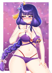 Rule 34 | 1girl, alternate costume, bikini, blush, border, braid, breasts, cleavage, closed mouth, collarbone, commentary, demonfoo (akumafoo), english commentary, fingernails, genshin impact, hair ornament, highres, large breasts, large pectorals, long hair, low-braided long hair, low-tied long hair, mole, mole under eye, navel, nervous, one breast out, pectorals, pink nails, purple bikini, purple eyes, purple hair, raiden shogun, signature, simple background, solo, stomach, sweatdrop, swimsuit, very long hair, white border