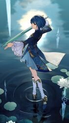 Rule 34 | 1boy, apollo hotori, asymmetrical bangs, blue hair, chinese clothes, fighting stance, frilled sleeves, frills, from above, genshin impact, highres, holding, holding sword, holding weapon, jian (weapon), lily pad, long coat, puddle, ripples, solo, sword, walking, walking on liquid, water, water lily flower, weapon, white footwear, xingqiu (genshin impact), yellow eyes