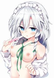 Rule 34 | 1girl, bare shoulders, blue eyes, blush, braid, breasts, collarbone, commentary request, cum, green ribbon, hair between eyes, hair ribbon, hand up, highres, holding, izayoi sakuya, long hair, long sleeves, looking at viewer, maid headdress, maturiuta sorato, medium breasts, navel, neck ribbon, nipples, nose blush, off shoulder, open clothes, open shirt, parted lips, pregnancy test, ribbon, shirt, silver hair, simple background, solo, stomach, touhou, twin braids, upper body, white background, white shirt