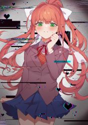 Rule 34 | 1girl, absurdres, blazer, blue skirt, blush, bow, breasts, brown hair, closed mouth, collared shirt, commentary request, cowboy shot, doki doki literature club, glitch, green eyes, hair bow, hair ribbon, hand up, heart, heart-shaped pupils, highres, jacket, konemu, long hair, long sleeves, looking at viewer, looking down, medium breasts, monika (doki doki literature club), neck ribbon, pleated skirt, ponytail, red bow, red ribbon, ribbon, school uniform, shirt, sidelocks, simple background, skirt, solo, standing, straight-on, sweat, symbol-shaped pupils, white bow, white ribbon