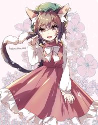 Rule 34 | 1girl, animal ear fluff, animal ears, artist name, bow, brown eyes, brown hair, cat ears, cat girl, cat tail, chen, commentary request, dress, earrings, fang, feet out of frame, floral background, flower, flower request, gold trim, green hat, hair between eyes, hand up, haruwaka 064, hat, heart, heart tail, hibiscus, highres, jewelry, light blush, long sleeves, looking at viewer, mob cap, multiple tails, nekomata, open mouth, paw pose, petticoat, pink background, puffy sleeves, red dress, short hair, simple background, single earring, slit pupils, smile, solo, standing, tail, touhou, two tails, white bow, white neckwear, yellow bow