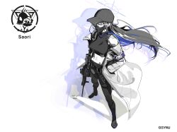 Rule 34 | 1girl, absurdres, armband, artist name, assault rifle, baseball cap, belt, blue archive, blue theme, character name, chest harness, coat, crop top, ggymj, greyscale, gun, hand in pocket, harness, hat, highres, holding, holding gun, holding weapon, korean commentary, long hair, mask, midriff, monochrome, mouth mask, off shoulder, pants, rifle, saori (blue archive), sig 516, simple background, solo, spot color, weapon, white background, zoom layer