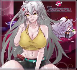 Rule 34 | 2girls, absurdres, ahoge, belt, black-framed eyewear, black shorts, blue belt, breasts, character name, cleavage, copyright name, d-pad, d-pad hair ornament, finger to mouth, glasses, gradient hair, grey hair, hair ornament, hairpin, henya the genius, highres, jacket, large breasts, looking at viewer, looking to the side, messy hair, multicolored hair, multiple girls, navel, nintendo switch, purple hair, purple jacket, shihir09, shirt, short shorts, shorts, smile, two side up, virtual youtuber, vshojo, yellow shirt, zentreya, zentreya (cyborg), zentreya (mmo zen)