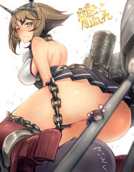 Rule 34 | 10s, 2girls, 41cm twin gun mount, ass, bad id, bad pixiv id, blurry, blush, bob cut, boots, breasts, brown hair, censored, chain, chibi, chibi inset, convenient censoring, depth of field, fairy (kancolle), giant, giantess, glasses, green eyes, inayama, kantai collection, large breasts, lips, looking back, mecha musume, miniskirt, multiple girls, mutsu (kancolle), no panties, personification, short hair, skirt, solo focus, sweatdrop, translated
