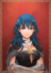 Rule 34 | 1girl, armor, blue eyes, blue hair, breasts, byleth (female) (fire emblem), byleth (fire emblem), cape, closed mouth, fire emblem, fire emblem: three houses, framed, grey cape, hair between eyes, long hair, looking at viewer, medium breasts, nintendo, red background, robaco, shoulder armor, smile, solo, straight hair, twitter username