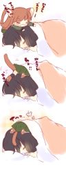 Rule 34 | 10s, 2girls, = =, animal ears, animal hands, bad id, bad pixiv id, black hair, brown hair, cat ears, cat paws, cat tail, closed eyes, comic, flying sweatdrops, highres, kantai collection, kemonomimi mode, kitakami (kancolle), mini person, minigirl, multiple girls, nekoto rina, on head, ooi (kancolle), open mouth, ppppa, sleeping, tail, translation request, under covers, wavy mouth