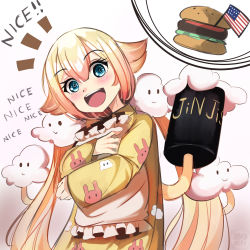 Rule 34 | 1girl, :d, absurdres, american flag, animal print, blonde hair, blue eyes, blues (artist), blush, burger, cloud, cloud print, commentary, core63, english text, food, gradient hair, hair between eyes, happy, highres, long hair, looking at viewer, mahou shoujo ikusei keikaku unmarked, meme, multicolored hair, nemurin, hugging object, open mouth, pajamas, pillow, pillow hug, pink hair, rabbit print, simple background, smile, solo, standing, streaked hair, text focus, two-tone hair, very long hair, vrchat, white background, yellow pajamas