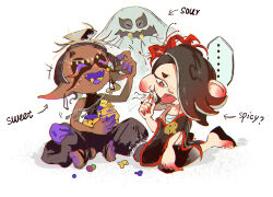 Rule 34 | ..., 1boy, 2girls, :d, :p, ^ ^, arm up, asymmetrical hair, bag, baggy pants, big man (splatoon), black hair, black pants, black shawl, black shirt, candy, chest sarashi, closed eyes, colored eyelashes, colored skin, colored tongue, commentary, crop top, dark-skinned female, dark skin, earrings, eating, english text, eyelashes, fangs, feet, flower, food, food in mouth, forehead, frye (splatoon), ghost costume, gradient hair, hair flower, hair ornament, hair over one eye, halloween costume, inkling, jewelry, medium hair, multicolored hair, multicolored skin, multiple girls, nintendo, octoling, official alternate costume, one eye covered, open mouth, orange hair, pants, parted bangs, pointy ears, purple skin, purple tongue, red eyes, red flower, sandals, sarashi, shawl, shirt, shiver (splatoon), short eyebrows, simple background, sitting, sleeveless, sleeveless shirt, smile, spider lily, splatoon (series), splatoon 3, take yanzhu, tentacle hair, tongue, tongue out, white background