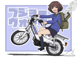 Rule 34 | 1girl, akiyama yukari, alternate costume, backpack, bag, bc freedom (emblem), bc freedom school uniform, black skirt, black socks, blue border, blue necktie, blue sweater, border, brown eyes, brown footwear, brown hair, cardigan, commentary, disguise, dress shirt, emblem, from side, full body, girls und panzer, highres, kano (nakanotakahiro1029), loafers, logo, long sleeves, looking at viewer, messy hair, miniskirt, moped, motor vehicle, necktie, open mouth, outline, outside border, paper, peugeot, pleated skirt, purple background, school uniform, shirt, shoes, short hair, simple background, sitting, skirt, smile, socks, solo, sweatdrop, sweater, text background, translated, wavy mouth, wheelie, white border, white outline, white shirt, wing collar