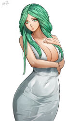 Rule 34 | 1girl, absurdres, bare arms, bare shoulders, breasts, cleavage, commentary, covered navel, cowboy shot, dress, fire emblem, fire emblem: three houses, gelldraws, green eyes, green hair, highres, large breasts, long hair, looking at viewer, nintendo, parted lips, rhea (fire emblem), simple background, sleeveless, sleeveless dress, solo, standing, white background, white dress