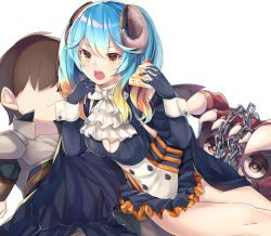 Rule 34 | 1boy, 1girl, :o, black cape, blue hair, breasts, brown eyes, brown hair, cake, cake slice, cape, chain, cleavage, eating, food, gradient hair, horns, lapis (sennen sensou aigis), large breasts, multicolored hair, orange hair, panda inu, sennen sensou aigis, sitting, white neckwear