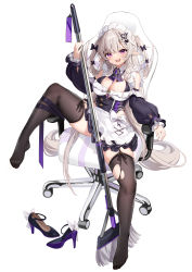 Rule 34 | 1girl, :d, absurdres, apron, arrow through heart, ascot, bad bilibili id, bad id, between breasts, black ascot, black bow, black dress, blush, bow, braid, breasts, broom, brown thighhighs, chain, cleavage, dress, fang, feet, frilled apron, frills, full body, hair bow, hair ornament, heart, heart hair ornament, high heels, highres, holding, large breasts, leg up, long hair, long sleeves, looking at viewer, maid headdress, nahaki, no shoes, on chair, open mouth, original, platinum blonde hair, pointy ears, purple eyes, shoes, unworn shoes, simple background, skin fang, smile, solo, thighhighs, very long hair, white apron, white background