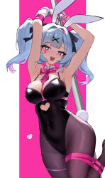 Rule 34 | 1girl, absurdres, animal ears, arms up, bare arms, bare shoulders, bingzhi juzi, black leotard, black pantyhose, blue eyes, blue hair, blush, bow, bowtie, breasts, clothing cutout, commentary request, covered navel, cuffs, cutout above navel, detached collar, fake animal ears, fake tail, hair ornament, handcuffs, hatsune miku, heart, heart-shaped pupils, heart cutout, highleg, highleg leotard, highres, large breasts, leotard, long hair, looking at viewer, necktie, pantyhose, pink bow, pink bowtie, pink hair, pink necktie, pink theme, playboy bunny, pole, pole dancing, rabbit ears, rabbit hole (vocaloid), rabbit tail, restrained, shackles, solo, spaghetti strap, stripper pole, symbol-shaped pupils, tail, twintails, vocaloid, x hair ornament