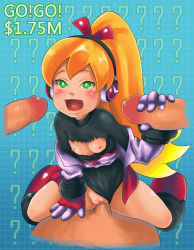 Rule 34 | 1girl, blonde hair, blush, boots, call (mighty no. 9), call f, clothing aside, cowgirl position, disembodied penis, eamund, flat chest, girl on top, gloved handjob, gloves, green eyes, group sex, hair ribbon, handjob, knee boots, long hair, mighty no. 9, multiple boys, multiple penises, nipples, off shoulder, open mouth, penis, ponytail, pussy, ribbon, robot, robot ears, sex, solo focus, straddling, torn clothes, uncensored, unitard, vaginal