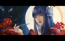 Rule 34 | 1girl, black collar, black hair, black kimono, blunt bangs, collar, epiphyllum, eyeshadow, final fantasy, final fantasy xiv, flower, from side, full moon, grey eyes, hair flower, hair ornament, hair stick, hand up, highres, holding, holding smoking pipe, huge moon, hyur, japanese clothes, kimono, kiseru, lace collar, letterboxed, light particles, long hair, looking at viewer, makeup, mil4, mole, mole under mouth, moon, night, night sky, portrait, red eyeshadow, red flower, red lips, signature, sky, smile, smoking pipe, solo, spider lily, straight hair, white flower, yotsuyu goe brutus