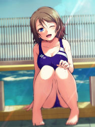 Rule 34 | 10s, 1girl, ;d, barefoot, blue eyes, blue one-piece swimsuit, blush, breasts, brown hair, cleavage, competition swimsuit, day, fence, hand on own knee, head tilt, highres, light rays, love live!, love live! school idol project, love live! sunshine!!, nanotsuki, one-piece swimsuit, one eye closed, open mouth, outdoors, pool, short hair, sitting, smile, solo, sunlight, swimsuit, watanabe you, water, wet, wet clothes, wet hair