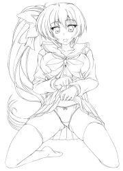 Rule 34 | 00s, 1girl, bow, bow panties, breasts, clothes lift, comic party, covered erect nipples, greyscale, hair bow, kawase seiki, kneeling, lace, lace-trimmed panties, lace trim, large breasts, lifted by self, lineart, long hair, monochrome, open mouth, panties, school uniform, serafuku, side ponytail, skirt, skirt lift, solo, takase mizuki, thighhighs, underwear