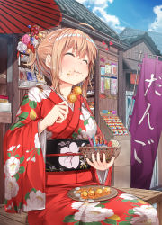 Rule 34 | 1girl, :3, :t, ahoge, basket, blush, brown hair, closed eyes, commentary request, dango, day, eating, floral print, flower, food, food on face, hair flower, hair ornament, holding, jack dempa, japanese clothes, kimono, mitarashi dango, obi, original, outdoors, plate, ponytail, puffy cheeks, sash, short hair, sitting, skewer, smile, solo, wagashi, wide sleeves