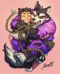 Rule 34 | 2boys, animal collar, animal ears, bandaid, bandaid on face, bandaid on nose, black fur, black nails, brown hair, chain, closed eyes, collar, commentary request, cropped legs, dog boy, dog ears, dog tags, dog tail, furry, furry male, fuyodo, gakuran, garmr (housamo), grin, highres, hug, jacket, licking, licking another&#039;s face, long sideburns, male focus, multiple boys, muscular, muscular male, open mouth, pants, pants rolled up, pink background, protagonist 1 (housamo), purple jacket, school uniform, short hair, sideburns, signature, simple background, sleeves rolled up, smile, tail, thick eyebrows, tokyo houkago summoners, tongue, tongue out, torn clothes, two-tone fur, yellow fur