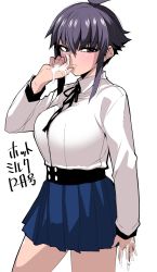 Rule 34 | 1girl, after handjob, ahoge, black ribbon, blue skirt, blush, breasts, brown eyes, closed mouth, collared shirt, copyright request, cowboy shot, cum, cum on hands, dress shirt, hand up, highres, large breasts, long sleeves, looking at viewer, miitoban, miniskirt, neck ribbon, original, pleated skirt, purple hair, ribbon, shirt, short hair, sidelocks, simple background, skirt, solo, standing, white background, white shirt, wing collar