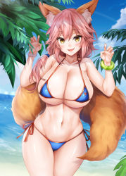 Rule 34 | 10s, 1girl, animal ear fluff, animal ears, bare shoulders, beach, bikini, blue bikini, blue sky, blush, bracelet, breasts, claw pose, cleavage, collarbone, day, fang, fate/extra, fate/grand order, fate (series), fox ears, fox tail, hair between eyes, hip focus, jewelry, large breasts, long hair, looking at viewer, navel, ocean, oni-noboru, open mouth, outdoors, palm tree, paw pose, pink hair, sky, smile, solo, standing, swimsuit, tail, tamamo (fate), tamamo no mae (fate/extra), tamamo no mae (swimsuit lancer) (fate), thighs, tree, yellow eyes