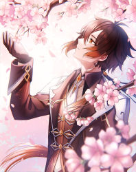 Rule 34 | 1boy, arm up, black gloves, black hair, blurry, blurry foreground, brown hair, cherry blossoms, chinese commentary, commentary request, earrings, facing to the side, genshin impact, gloves, gradient hair, hair between eyes, highres, jacket, jewelry, light, long hair, long sleeves, looking to the side, male focus, multicolored hair, ponytail, sarablanche, shirt, single earring, solo, tassel, tassel earrings, upper body, vision (genshin impact), yellow eyes, zhongli (genshin impact)