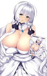 Rule 34 | 1girl, absurdres, arashiki mamizu, azur lane, bare shoulders, blush, breasts, cleavage, commentary request, dress, elbow gloves, gloves, green eyes, hair ornament, highres, huge breasts, illustrious (azur lane), long hair, looking at viewer, simple background, smile, solo, white background, white dress, white gloves, white hair