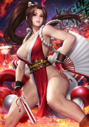 Rule 34 | 1girl, armpits, breasts, cleavage, copyright name, fatal fury, hand fan, hand on own hip, large breasts, long hair, neoartcore, revealing clothes, shiranui mai, snk, solo, standing, tagme, the king of fighters, very long hair