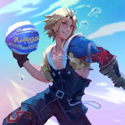 Rule 34 | 1boy, armor, ball, bare pectorals, belt, belt buckle, black gloves, blonde hair, blue eyes, bubble, buckle, chain, final fantasy, final fantasy x, gloves, hair between eyes, holding, holding ball, hood, hood down, jewelry, jiro (ninetysix), male focus, necklace, parted lips, pauldrons, pectorals, shoulder armor, signature, smile, solo, teeth, tidus, vambraces, water, zipper