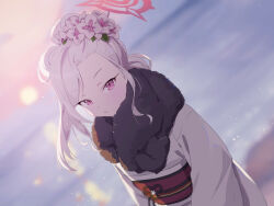 Rule 34 | 1girl, beach, blue archive, blurry, blurry background, closed mouth, dutch angle, flat chest, flower, hair bun, hair flower, hair ornament, halo, holding, horizon, ikanyoikanikan, japanese clothes, kimono, long hair, long sleeves, looking at viewer, mutsuki (blue archive), mutsuki (new year) (blue archive), outdoors, pink eyes, slit pupils, solo, standing, sunset, upper body, water, white hair, white kimono