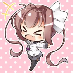 Rule 34 | &gt; &lt;, +++, 10s, 1girl, :d, > <, ahoge, black thighhighs, blush, bow, brown footwear, brown hair, chibi, commentary request, fang, grey neckwear, grey sailor collar, grey skirt, hair bow, long hair, long sleeves, momochi tamate, open mouth, outline, outstretched arms, pink background, pleated skirt, polka dot, polka dot background, sailor collar, school uniform, serafuku, shachoo., shirt, sidelocks, skirt, slow start, smile, solo, spread arms, thighhighs, twintails, very long hair, white bow, white outline, white shirt, xd