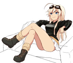 Rule 34 | 1girl, ahoge, bad id, bad pixiv id, black footwear, blonde hair, blue eyes, boots, couch, cross-laced footwear, crossed legs, full body, goggles, goggles on head, hanna-justina marseille, hloox, lace-up boots, long hair, long sleeves, military, military uniform, miniskirt, pleated skirt, simple background, sitting, skirt, smile, solo, strike witches, uniform, white background, white skirt, white upholstery, witches of africa, world witches series