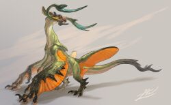 Rule 34 | animal focus, beetle horn, brown background, chimera, claws, commentary, dragon, english commentary, extra arms, from side, full body, green horns, highres, horns, insect wings, leg wings, monster, no humans, orange eyes, original, scales, signature, simple background, solo, spikes, tail, wings, yamamura le