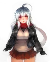 Rule 34 | 1girl, ahoge, black gloves, blush, breasts, cowboy shot, curvy, gloves, harusame-r, jacket, large breasts, long hair, looking at viewer, open mouth, original, red eyes, scarf, silver hair, simple background, skirt, smile, solo, standing, sweater, thick thighs, thighs, white background, wide hips