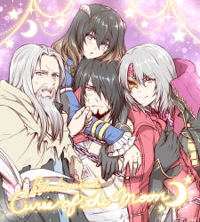 Rule 34 | 1girl, 3boys, alfred (bloodstained), black hair, bloodstained: curse of the moon, bloodstained (series), brown hairm, gebel (bloodstained), grey hair, hair over one eye, ichijo ahuro, miriam (bloodstained), multicolored hair, multiple boys, one eye covered, zangetsu (bloodstained)