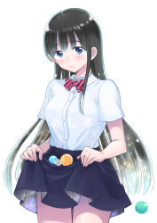 Rule 34 | 1girl, blue eyes, blue skirt, blush, bow, bowtie, brown hair, izumitanu, long hair, looking at viewer, original, red bow, red bowtie, skirt, skirt basket, smile, solo, standing, striped bow, striped bowtie, striped clothes, striped neckwear, very long hair