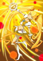 Rule 34 | 10s, 1girl, 1no1nokanda, blonde hair, boots, bow, brooch, choker, cure sunshine, hair ribbon, heart, heart brooch, heartcatch precure!, high heel boots, high heels, highres, instrument, knee boots, long hair, looking at viewer, magical girl, midriff, myoudouin itsuki, navel, open mouth, orange bow, precure, ribbon, shoes, skirt, smile, solo, tambourine, twintails, uganda (ugandam 00), wrist cuffs, yellow bow, yellow eyes