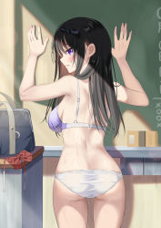 Rule 34 | 1girl, against wall, arms up, ass, back, bag, bare arms, bare shoulders, black hair, blush, bow, bowtie, bra, breasts, butt crack, chalkboard, cowboy shot, day, eyebrows hidden by hair, from behind, highres, indoors, large breasts, lens flare, long hair, looking at viewer, looking back, mismatched underwear, original, panties, parted lips, piyopoyo, polka dot, polka dot bra, purple bra, red bow, school bag, sideboob, solo, sponge, sunlight, sweat, underwear, underwear only, unworn bowtie, white panties