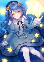 Rule 34 | 1girl, :o, absurdres, ahoge, amamiya kokoro, amamiya kokoro (1st costume), arm at side, bell, blue bow, blue dress, blue hair, blunt bangs, bow, commentary, curly hair, dot nose, dress, feet out of frame, forehead, frilled dress, frilled sleeves, frills, gintama 10102, hair ornament, hand up, hat, highres, huge ahoge, jingle bell, knees together feet apart, light blush, long hair, long sleeves, looking at viewer, looking up, nijisanji, open mouth, outdoors, pantyhose, parted bangs, reflection, reflective water, sky, solo, sparkle, star (sky), star (symbol), starry sky, virtual youtuber, wading, white pantyhose, x hair ornament, yellow eyes