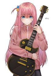 Rule 34 | 1girl, absurdres, black skirt, blue eyes, bocchi the rock!, closed mouth, commentary, cube hair ornament, electric guitar, gotoh hitori, guitar, hair between eyes, hair ornament, hair over shoulder, highres, holding, holding instrument, instrument, jacket, ligong, long hair, long sleeves, looking at viewer, nervous, one side up, pink hair, pink jacket, pleated skirt, simple background, skirt, solo, straight-on, sweat, sweatdrop, track jacket, twitter username, upper body, upturned eyes, wavy mouth, white background