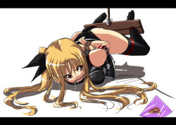 Rule 34 | 00s, 1girl, arms behind back, bardiche (nanoha), bardiche (standby form) (nanoha), bdsm, bit gag, blonde hair, bondage, bound, box tie, drooling, fate testarossa, fate testarossa (true sonic form), gag, gagged, iga tamaki, leotard, letterboxed, long hair, lyrical nanoha, mahou shoujo lyrical nanoha, mahou shoujo lyrical nanoha strikers, pyramid (structure), red eyes, restrained, saliva, solo, stocks, tears, thighhighs, twintails