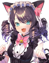 Rule 34 | 1girl, :d, animal ear fluff, animal ears, bell, black dress, black hair, blue eyes, blush, bow, breasts, cat ears, commentary request, cyan (show by rock!!), dress, drill hair, fang, hair between eyes, hands up, highres, jingle bell, medium breasts, open mouth, pink bow, puffy short sleeves, puffy sleeves, shiromoru (yozakura rety), shirt, short sleeves, show by rock!!, signature, simple background, sleeveless, sleeveless dress, smile, solo, upper body, white background, white shirt, wrist cuffs
