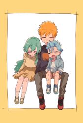 Rule 34 | 1girl, 2boys, aged down, arm at side, bleach, blue jacket, blush stickers, border, brown shirt, brown skirt, casual, child, closed eyes, commentary request, contemporary, facial mark, full body, green hair, grimmjow jaegerjaquez, hair between eyes, highres, jacket, kurosaki ichigo, long hair, long sleeves, multiple boys, nelliel tu odelschwanck, open clothes, open jacket, open mouth, orange hair, shirt, short hair, side-by-side, simple background, sitting, sitting on lap, sitting on person, skirt, sleeping, spiked hair, twitter username, v-shaped eyebrows, very long hair, wavy hair, white background, white shirt, yanono 015, yellow border