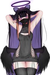 Rule 34 | 1girl, absurdres, black dress, black hair, black thighhighs, black wings, colored inner hair, dress, glasses, halo, highres, hololive, hololive english, long hair, looking at viewer, mask, mole, mole under eye, mouth mask, multicolored hair, ninomae ina&#039;nis, pointy ears, purple hair, sleeveless, sleeveless dress, sleeveless turtleneck dress, soju ice, solo, thighhighs, thighs, turtleneck, turtleneck dress, virtual youtuber, white background, wings
