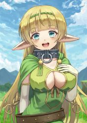 Rule 34 | 1girl, belt, blonde hair, blush, braid, breasts, cape, cleavage, cleavage cutout, clothing cutout, cloud, collar, commentary request, day, dress, elf, fagi (kakikaki), green cape, green dress, hairband, hand on own chest, isekai maou to shoukan shoujo no dorei majutsu, large breasts, long hair, looking at viewer, metal collar, open mouth, outdoors, pointy ears, revision, shera l. greenwood, smile, solo, standing, upper body