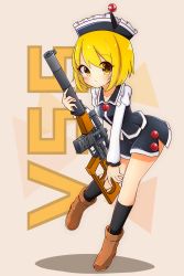 Rule 34 | 1girl, absurdres, black socks, blonde hair, blush, brown footwear, commentary request, crescent, full body, gun, hat, highres, holding, holding gun, holding weapon, inon, integral suppressor, integrally-suppressed firearm, juliet sleeves, kneehighs, leaning forward, long sleeves, looking at viewer, lunasa prismriver, parted lips, puffy sleeves, rifle, short hair, skirt, sniper rifle, socks, solo, standing, standing on one leg, suppressor, touhou, toz (tulsky oruzheiny zavod), tsniitochmash, tula arms plant, vss vintorez, weapon, yellow eyes