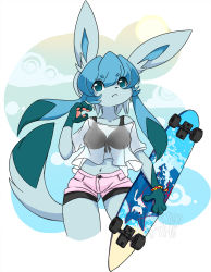 Rule 34 | 1girl, :&lt;, animal ears, animal nose, artist name, blue eyes, blue fur, blue hair, body fur, clothed pokemon, cloud, commentary, commentary typo, contrapposto, creatures (company), english commentary, furry, furry female, game freak, gen 3 pokemon, gen 4 pokemon, glaceon, hair between eyes, hamsteroftime, holding, holding skateboard, kyogre, legendary pokemon, long hair, navel, nintendo, pawpads, pink shorts, pokemon, pokemon (creature), see-through, shorts, skateboard, solo, standing, sun, tail, watermark