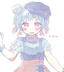 Rule 34 | 1girl, :d, arm at side, blue capelet, blue hair, blue hat, blue overalls, blush, brown skirt, capelet, cha ipride, cowboy shot, double bun, gloves, gradient hair, hair bun, hand up, hat, heart, highres, hyodou shizuku, idoly pride, jewelry, looking at viewer, multicolored hair, necklace, open mouth, overalls, pink eyes, pink hair, see-through, see-through capelet, short hair, short sleeves, sidelocks, simple background, skirt, smile, solo, straight-on, white background, white gloves