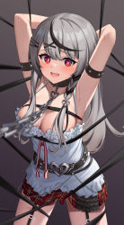 Rule 34 | 1girl, absurdres, armpits, arms behind head, arms up, bdsm, black hair, black rope, blush, bondage, bound, bound arms, breasts, chain, chain leash, cleavage, collar, fang, garter straps, grey hair, hairpin, heart, heart-shaped pupils, highres, hololive, large breasts, leash, long hair, looking at viewer, multicolored hair, multiple hairpins, open mouth, pizza (pizzania company), plaid, plaid skirt, red eyes, red skirt, rope, sakamata chloe, skindentation, skirt, smile, solo, streaked hair, sweatdrop, swept bangs, symbol-shaped pupils, two-tone hair, virtual youtuber